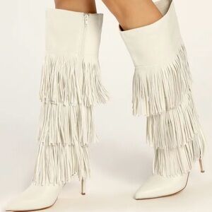 Lulus Shaniaa Bone Fringe Pointed-Toe Knee High Boots